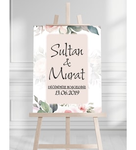Söz Nişan Düğün İçin 50x70 Karşılama Panosu - Pembe Çiçek Desenli