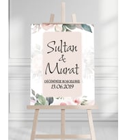 Söz Nişan Düğün İçin 50x70 Karşılama Panosu - Pembe Çiçek Desenli