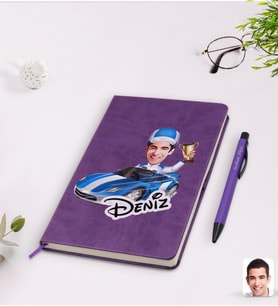 BK Gift Kişiye Özel Erkek Rallici Karikatürlü Mor Termo Deri Defter Kalem Seti Model 1