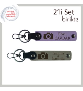 Çekilen Her Karede Sizin İziniz, Kamera Temalı Kişiye Özel Anahtarlık Seti, Mor Menekşe-Kül Gri