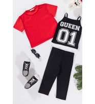 3'lü Queen Baskılı Tshirt Atlet Tayt Siyah Takım (Kırmızı-Siyah)