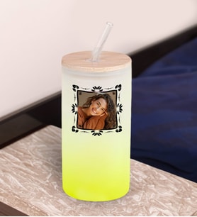 BK Gift Fotoğraflı Sarı Renk Pipetli Buzlu Cam Bardak 600ml - 2, Arkadaşa Hediye, Doğum Günü Hediyesi