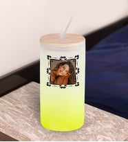 BK Gift Fotoğraflı Sarı Renk Pipetli Buzlu Cam Bardak 600ml - 2, Arkadaşa Hediye, Doğum Günü Hediyesi