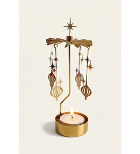 Dönen Mumluk Yıldız ve Yılbaşı Süsü Figürlü Altın Metal Tealight Mum Tutucu 18 cm