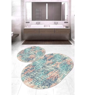 Dijital Baskılı Kaymaz Taban Yıkanabilir Oval 2'li Klozet Takımı Banyo Paspası NOKZ-HT-110 (Mavi)