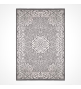 Gri Halı Modern Klasik Stil Madalyon Desenli Akrilik Salon Halısı Bordür Detaylı