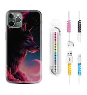 Apple iPhone 11 12 13 14 Pro Max Kılıf Kablo Koruma Spiral Silikon Wolf and Moon 1380