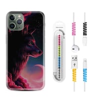 Apple iPhone 11 12 13 14 Pro Max Kılıf Kablo Koruma Spiral Silikon Wolf and Moon 1380