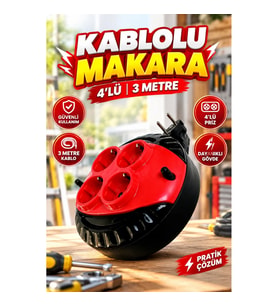 4’lü Kablolu Priz Makarası – 3 Metre Kablo Kırmızı