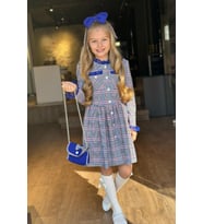 Kız Çocuk Ekose Desen Elbise ve Kolları Peluş ve İnci İşleme Siyah Kaşe Kaban
