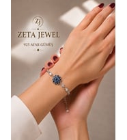 925 Ayar Gümüş Mavi Safir Taşlı Lotus Bileklik Çift Zincirli Zarif Yeni Model 18+3 cm