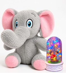 Renkli Led Işıklı Kalp Tutan Çiftli Fanus ve Sevimli Peluş Fil Hediye Seti
