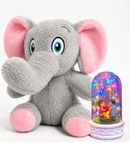 Renkli Led Işıklı Kalp Tutan Çiftli Fanus ve Sevimli Peluş Fil Hediye Seti