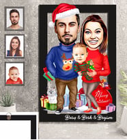 Kişiye Özel Yılbaşı Aile Karikatürlü 3D Ahşap Tablo 30x47 Model-3