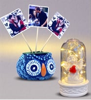 Sizlere Özel Hediye Seti 3 Fotoğraflı Baykuş Tasarımlı Saksı ve Led Işıklı Fanus (Model 3)