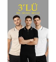 pilelistore- Erkek Triko Tişört Fermuar Yakalı Kısa Kol T-Shirt 3’lü Set Bej-Beyaz-Siyah