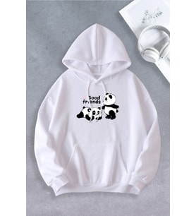 Unisex Kadın Erkek Panda Good Friends Baskılı Oversize Sweatshirt (Beyaz)