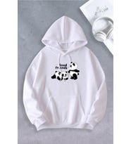 Unisex Kadın Erkek Panda Good Friends Baskılı Oversize Sweatshirt (Beyaz)