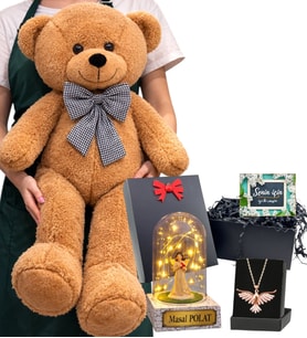 Büyük Boy Kahve Peluş Ayıcık, Kişiye Özel Işıklı Fanus ve Anka Kuşu Kolye Seti (Model 6)