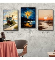 gün batımı kıyı tekne gece deniz feneri tablosu 3 adet 35cmx50cm kumaş baskılı canvas tablo