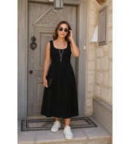 Kadın Askılı Geometrik Yakalı Geniş Kesim Detaylı Ithal Krep Elbise (Siyah)