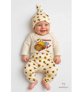 BABYDEN'S Halasının Balı 3’lü Yenidoğan Takım %100 Pamuk Uzun Kol Body,Çiçek Arı Desenli Ribana Pantolon,Bere (Sarı-Ekru)