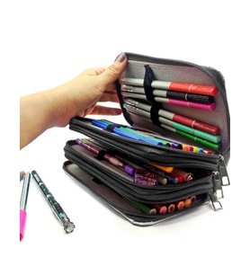 Kalem Kutusu Black Pink Blink Organizer Kalemkutu Vegan Deri Üç Bölmeli Kalemlik - Siyah