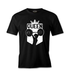 Queen Logo with a Woman Holding Weights Siyah Erkek Tshirt