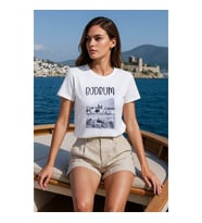 Kadın Bisiklet Yaka %100 Pamuk Bodrum Baskılı Kısa Kollu T-Shirt