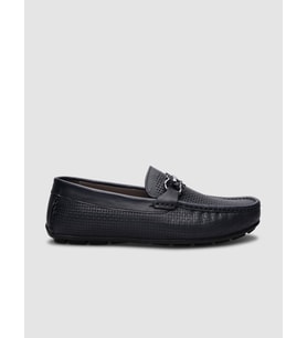 %100 Hakiki Deri Lacivert Örgü Desenli Erkek Loafer