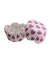 Cupcake Kalıbı Pet Kapsül Dalgalı Kek Kalıbı 65X38 MM (100 Adet)  Beyaza Fuşya Kalpli