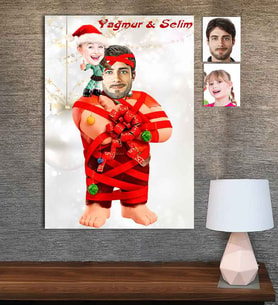 Kişiye Özel Karikatür Baskılı Ahşap Tablo Baba Çocuk-2 30x40