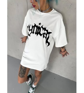 Unisex Bisiklet Yaka Baskılı Oversize T-Shirt - Beyaz