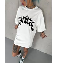 Unisex Bisiklet Yaka Baskılı Oversize T-Shirt - Beyaz