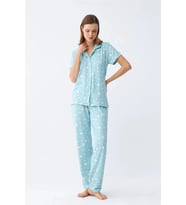 Giyim Kadın Buz Mavisi Yıldız Desenli Önden Düğmeli Pijama Takımı
