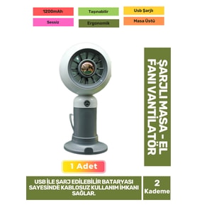 Sessiz 2 Kademeli Hafif Kablosuz 1200mAh Pervaneli Taşınabilir Usb Şarjlı Masa El Fanı Vantilatör