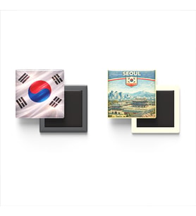 Buzdolap Magnetleri - Güney Kore Bayrağı ve Seul Retro Tema - 2'li Set Magneti