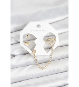 Pirinç Gold Renk Uzay Model Zincir Bağlantılı Ear Cuff Küpe Seti - TJ-BKP11542