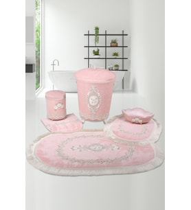 Exclusive Pudra Pembe 6 Parça Çeyizlik 3’lü Banyo Paspası & 3'lü Çamaşır Sepeti 