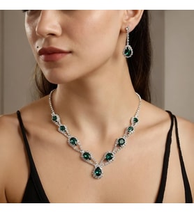 Accessories Hürrem Model Yeşil Taşlı Kolye Küpe Takı Seti Gerdanlık - Gelin Düğün Nişan Abiye Set