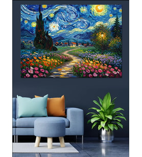 Van Gogh Tarzı Yıldızlı Gece Dekoratif Kanvas - Mdf Ahşap Tablo