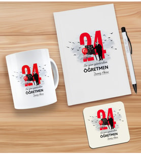 BK Gift Kişiye Özel İsimli Öğretmenler Günü Tasarımlı Beyaz Defter, Tükenmez Kalem, Kupa ve Bardak Altlığı Hediye Seti- 6, Öğretmene Hediye, Öğretmenler Günü