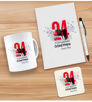 BK Gift Kişiye Özel İsimli Öğretmenler Günü Tasarımlı Beyaz Defter, Tükenmez Kalem, Kupa ve Bardak Altlığı Hediye Seti- 6, Öğretmene Hediye, Öğretmenler Günü