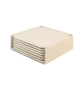 Bardak Altlığı,6’lı Set,Masaüstü Kare Cup Coaster,Vegan Suni Deri,11x11 cm.,Bej