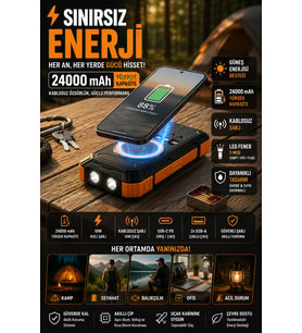 20000 mAh Güneş Enerjili Powerbank Kablosuz Şarj ve Hızlı Şarj Destekli
