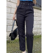 ZECHKA Lacivert Yüksek Bel Kemerli Kumaş Pantolon (zck0430)