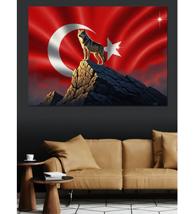 Ay Yıldızlı Kurt Dağ Zirvesi Dekoratif Kanvas - Mdf Ahşap Tablo