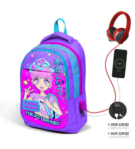 Coral High Kids Mor Pembe Mavi Simli K-Pop Desenli Üç Bölmeli USB'li Okul Sırt Çantası 24316