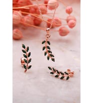 Yaprak Tasarım Yeşil Rose Gümüş İkili Set 2341