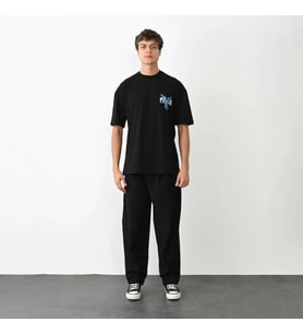pilelistore- Unisex Bisiklet Yaka Baskılı Oversize T-Shirt - Siyah